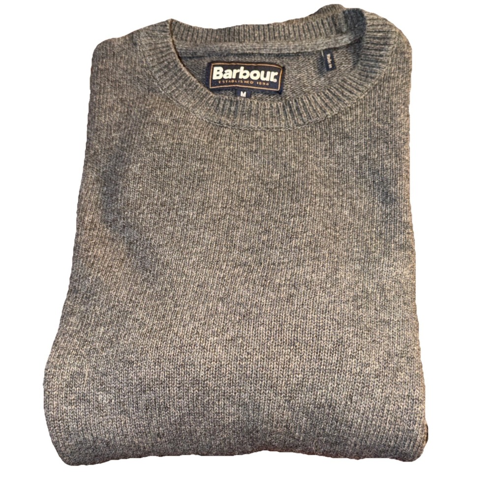 Barbour Sweater Mens M Gray 100% Wool Elbow Patches Crew Neck Quiet Luxury